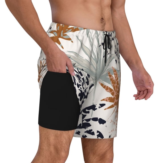 Uemuo Tropical Leaves Pattern Mens Swim Trunks Quick Dry Board Shorts with Mesh Lining, Stretch Beach Shorts Quick Dry No-Chafing Board Shorts-