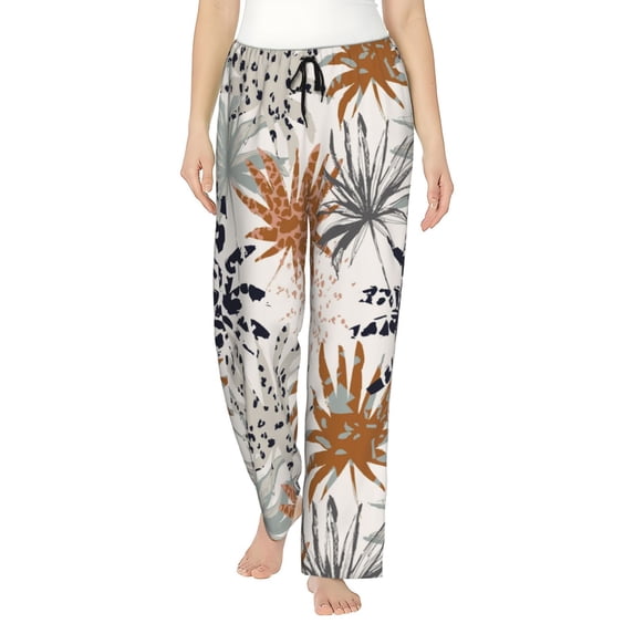Uemuo Tropical Leaves Pattern Women's Wide Leg Palazzo Lounge Pants with Pockets Light Weight Loose Comfy Casual Pajama Pants-X-Large