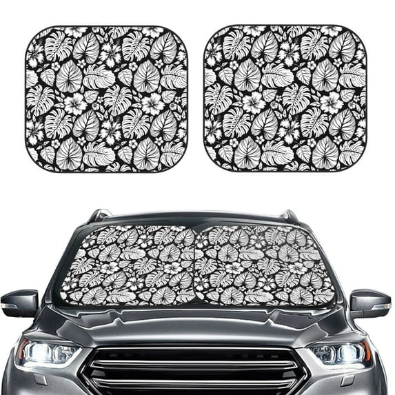 Uemuo Tropical Leaves Printed 2 PCS Car Windshield Sun Shade, Auto Sun Heat and UV Rays Blocker, Foldable Automotive Front Window Sunshade Protector