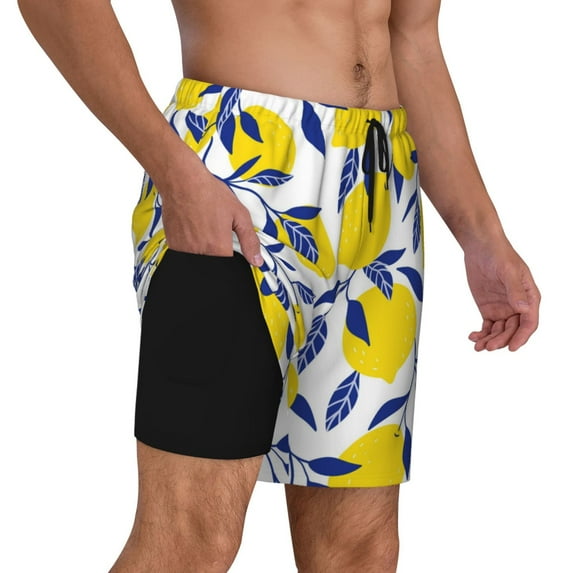 Uemuo Tropical Lemon Pattern Mens Swim Trunks Quick Dry Board Shorts with Mesh Lining, Stretch Beach Shorts Quick Dry No-Chafing Board Shorts-Medium