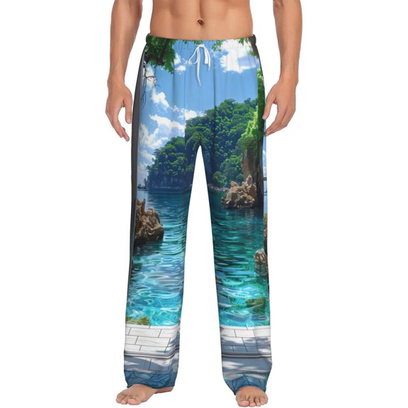 Uemuo Tropical Paradise Window View Pattern Men's Wide Leg Palazzo Lounge Pants with Pockets Light Weight Loose Comfy Casual Pajama Pants-Medium