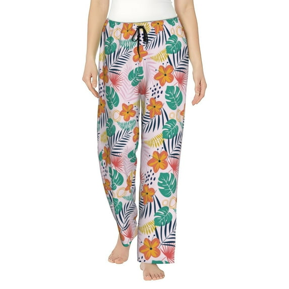 Uemuo Tropical Plants Pattern Women's Wide Leg Palazzo Lounge Pants with Pockets Light Weight Loose Comfy Casual Pajama Pants-X-Large