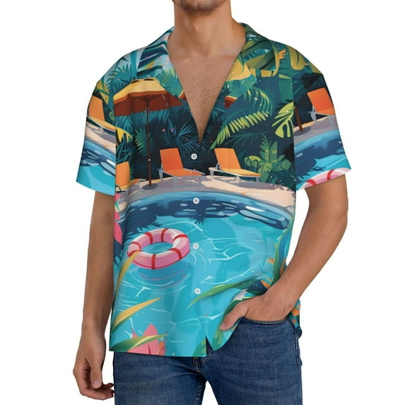 Uemuo Tropical Poolside Relaxation Pattern Cotton Linen Short Sleeve Shirts,Casual Lightweight Button Down Shirts,Vacation Beach Summer Tops-X-Large
