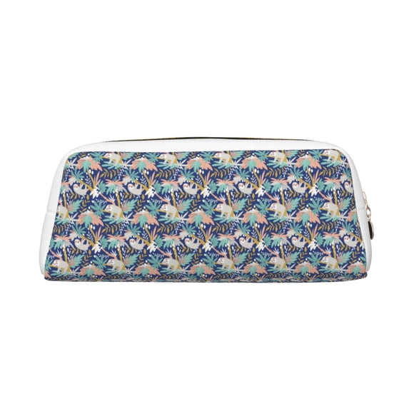 Uemuo Tropical Sloth Printed Leather Pencil Case, Pencil Pouch, Portable Pencil Bag, Pen Case for& Office