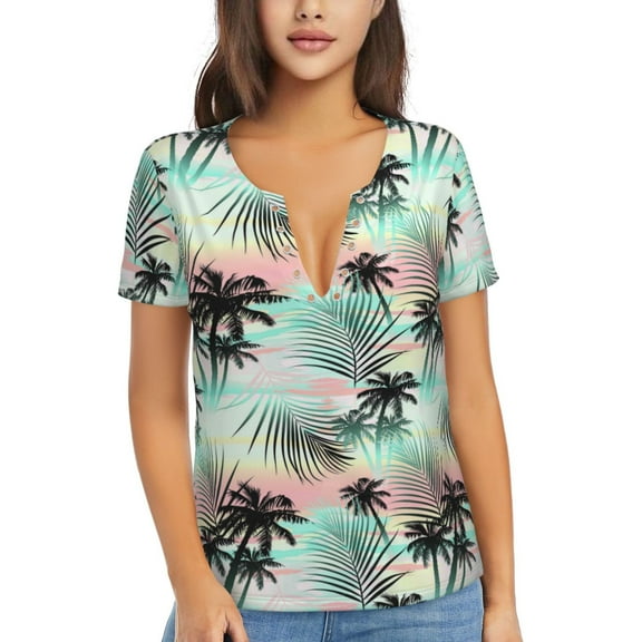 Uemuo Tropical Summer Palm Drawing Women's Deep V-Neck Low Cut Tops - Casual Loose Fit with Stainless Steel Loop, Soft, Breathable, Perfect for Office, Travel, and Daily Wear-Small