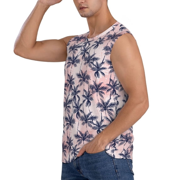 Uemuo Tropics Palm Trees Pattern Men's Sleeveless T-Shirt,Muscle Athletic Tank Top, Moisture-wicking Quick-dry Breathable Classic Tee Top for Gym Run Outdoor Sports-XX-Large