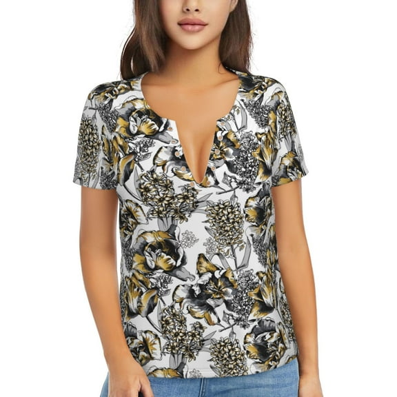 Uemuo Tulips Flowers Drawing Women's Deep V-Neck Low Cut Tops - Casual Loose Fit with Stainless Steel Loop, Soft, Breathable, Perfect for Office, Travel, and Daily Wear-X-Large