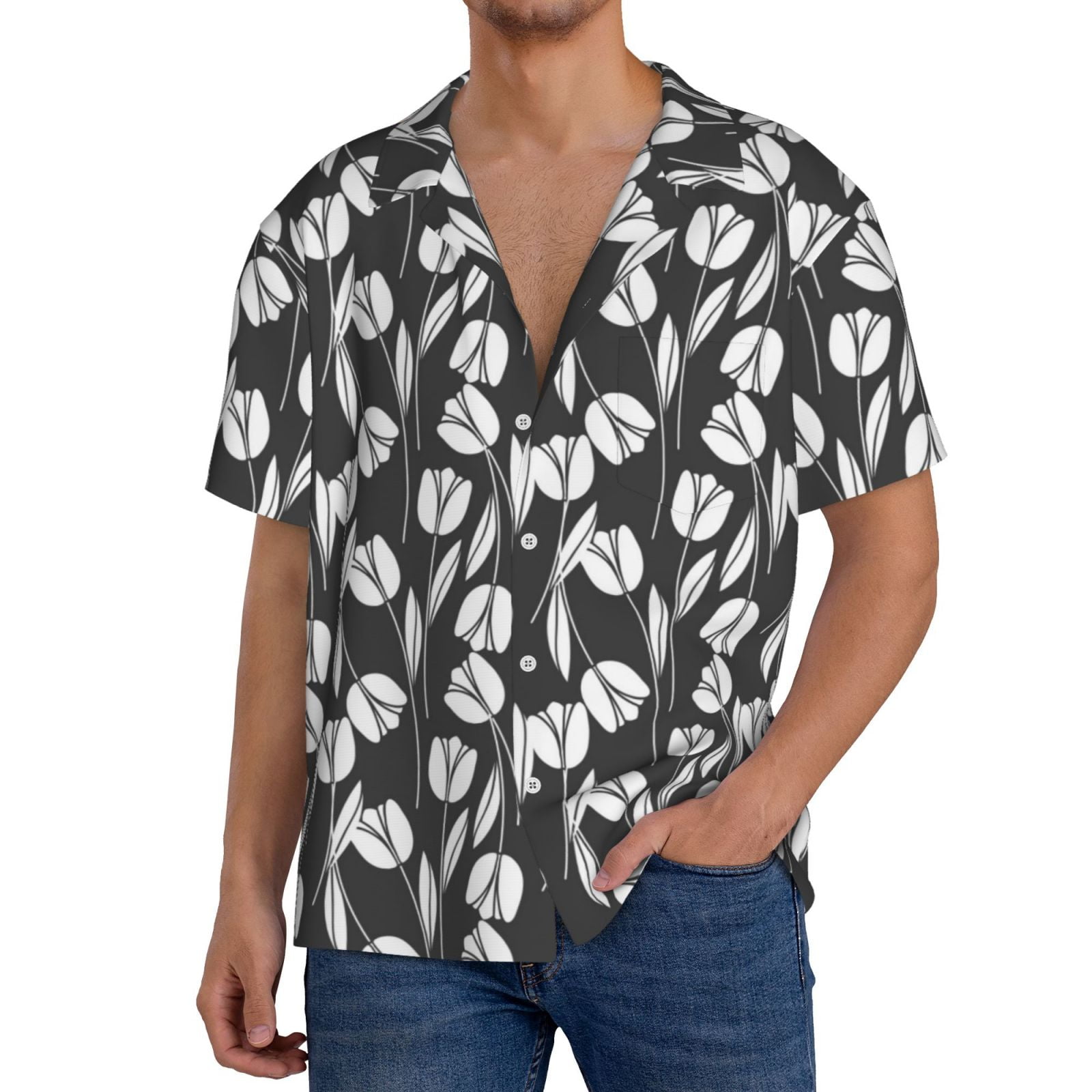 Uemuo Tulips Flowers Pattern Cotton Linen Short Sleeve Shirts,Casual