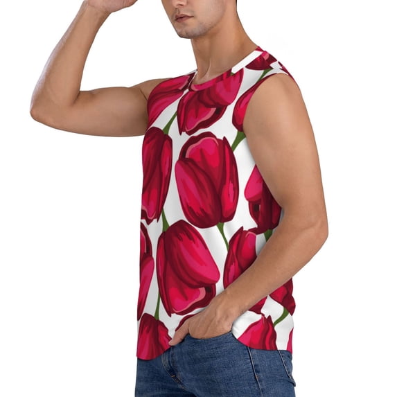 Uemuo Tulips Flowers Pattern Men's Sleeveless T-Shirt,Muscle Athletic Tank Top, Moisture-wicking Quick-dry Breathable Classic Tee Top for Gym Run Outdoor Sports-Large