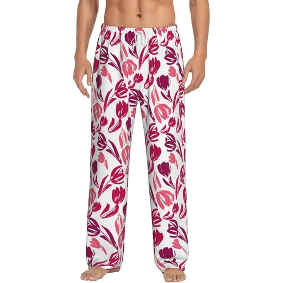 Uemuo Tulips Flowers Pattern Men's Wide Leg Palazzo Lounge Pants with Pockets Light Weight Loose Comfy Casual Pajama Pants-Large