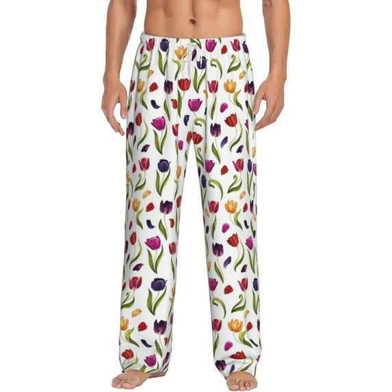 Uemuo Tulips Flowers Pattern Men's Wide Leg Palazzo Lounge Pants with Pockets Light Weight Loose Comfy Casual Pajama Pants-Small