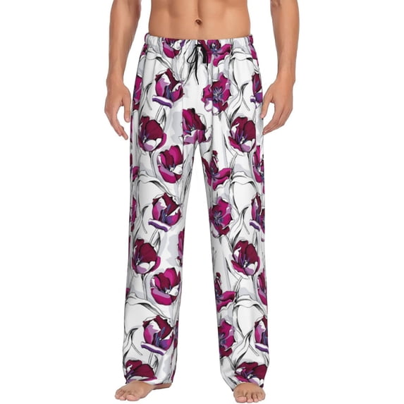 Uemuo Tulips Flowers Pattern Men's Wide Leg Palazzo Lounge Pants with Pockets Light Weight Loose Comfy Casual Pajama Pants-Small