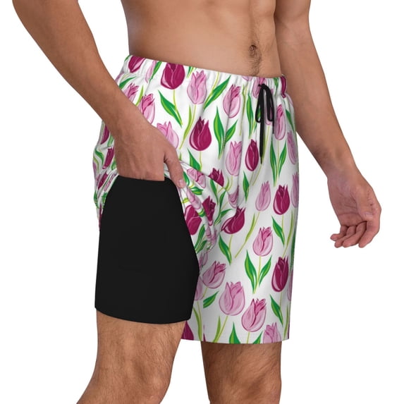 Uemuo Tulips Flowers Pattern Mens Swim Trunks Quick Dry Board Shorts with Mesh Lining, Stretch Beach Shorts Quick Dry No-Chafing Board Shorts-3X-Large