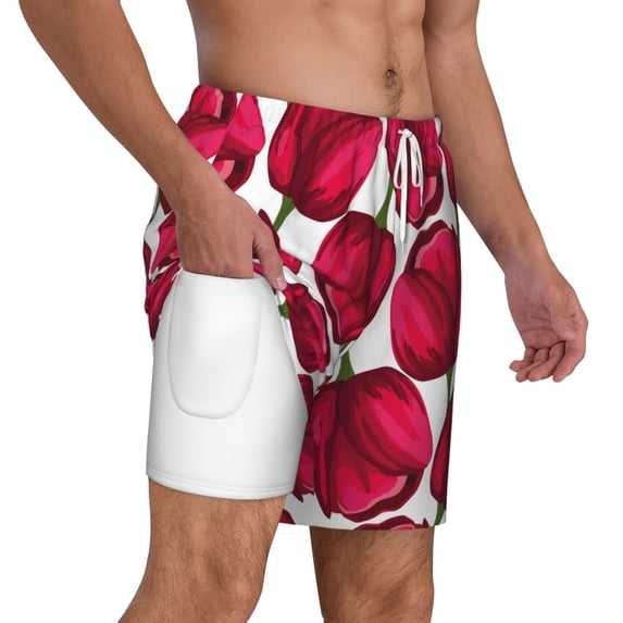Uemuo Tulips Flowers Pattern Mens Swim Trunks Quick Dry Board Shorts with Mesh Lining, Stretch Beach Shorts Quick Dry No-Chafing Board Shorts-Large