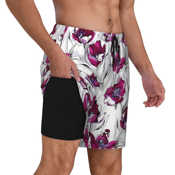 Uemuo Tulips Flowers Pattern Mens Swim Trunks Quick Dry Board Shorts with Mesh Lining, Stretch Beach Shorts Quick Dry No-Chafing Board Shorts-