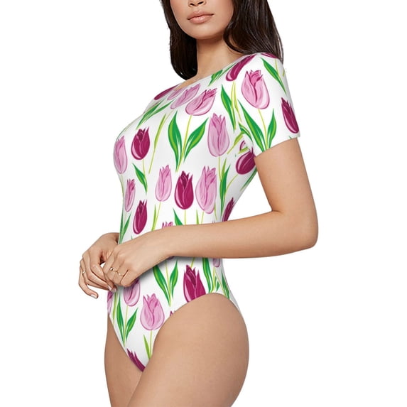 Uemuo Tulips Flowers Pattern Women's One Piece Short Sleeve Swimsuit Rash Guard Surfing Modest Quick-drying Swimsuit Beach Essentials-XX-Large