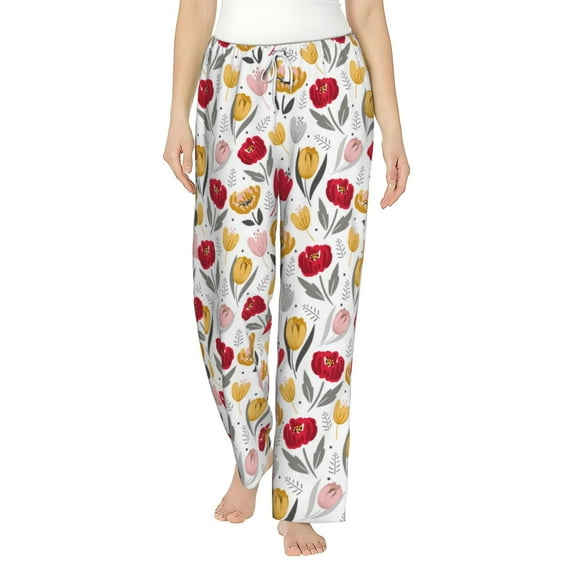 Uemuo Tulips Flowers Pattern Women's Wide Leg Palazzo Lounge Pants with Pockets Light Weight Loose Comfy Casual Pajama Pants-XX-Large