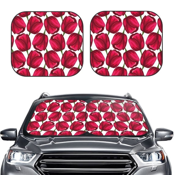 Uemuo Tulips Flowers Printed 2 PCS Car Windshield Sun Shade, Auto Sun Heat and UV Rays Blocker, Foldable Automotive Front Window Sunshade Protector