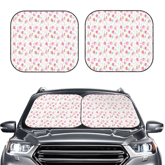 Uemuo Tulips Flowers Printed 2 PCS Car Windshield Sun Shade, Auto Sun Heat and UV Rays Blocker, Foldable Automotive Front Window Sunshade Protector