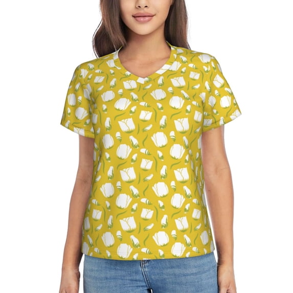 Uemuo Tulips Flowers Printed Women's Classic V-Neck T-Shirt - Soft, Breathable, Moisture-Wicking, Perfect for Casual, Office, Travel, and Everyday Wear-XX-Large