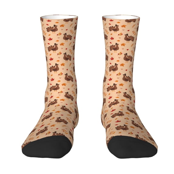 Uemuo Turkey And Autumn Leaves Pattern Women's Crew Socks, Soft Durable Breathable Moisture-Wicking with Odor Control Cotton socks