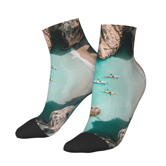 Uemuo Turquoise Beach Kayaking Printed Crew Socks, Moisture-Wicking Socks, Athletic Socks for Men Breathable Cushion Socks Casual Sport Socks for Running Traveling