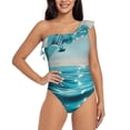 thumbnail image 1 of Uemuo Turquoise Ocean Reflection Print Women's One Piece Swimsuit Asymmetrical Neck Bathing Suit One Shoulder Side Cutout Ruffle Swimwear-Medium, 1 of 6