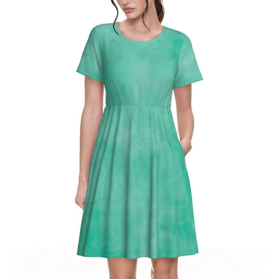 Uemuo Turquoise watercolor Print Womens Summer Dress Casual Swing Short Sleeve Sundresses Beach A-line Shift Dress