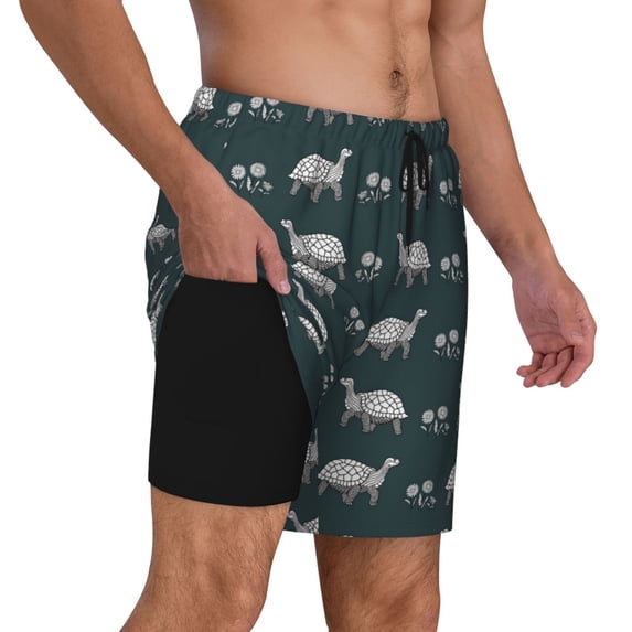 Uemuo Turtle Chrysanthemum Pattern Mens Swim Trunks Quick Dry Board Shorts with Mesh Lining, Stretch Beach Shorts Quick Dry No-Chafing Board Shorts-