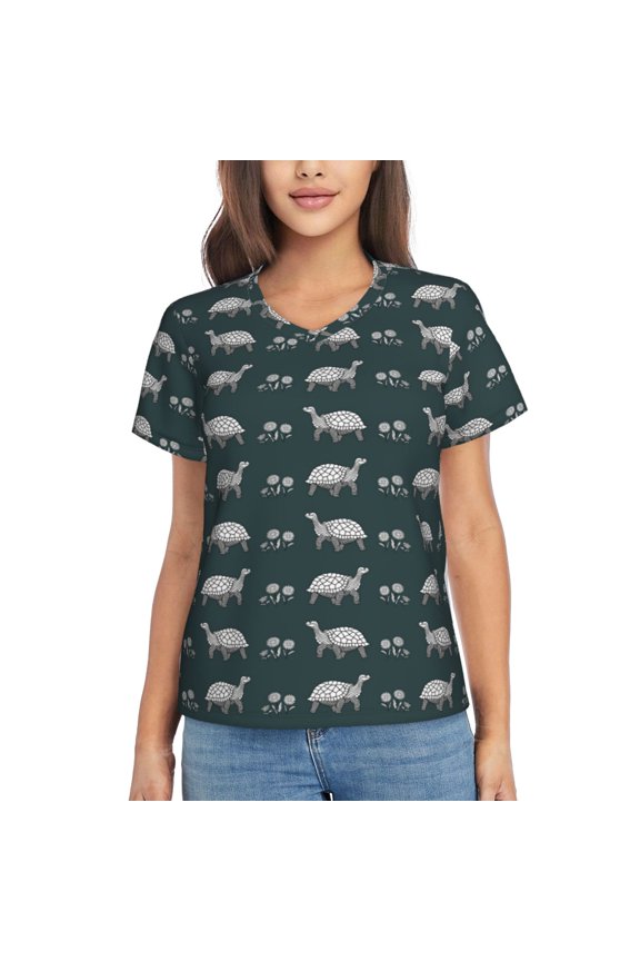 Turtle Chrysanthemum Printed Women's Classic V-Neck T-Shirt - Soft, Breathable, Moisture-Wicking, Perfect for Casual, Office, Travel, and Everyday Wear-Medium