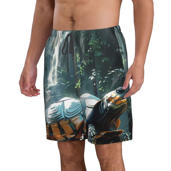 Uemuo Turtle In Jungle Waterfall Pattern Men's Swim Trunks Hawaiian Beach Bathing Suit Swimsuits Beach Quick-Dry Shorts with Pockets-X-Large