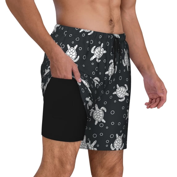 Uemuo Turtle Pattern Mens Swim Trunks Quick Dry Board Shorts with Mesh Lining, Stretch Beach Shorts Quick Dry No-Chafing Board Shorts-Small