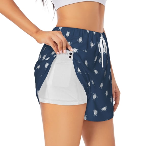Uemuo Turtle Pattern Women's Athletic Shorts High Waisted Running Shorts with Liner Pockets Gym Elastic Workout Shorts-Large