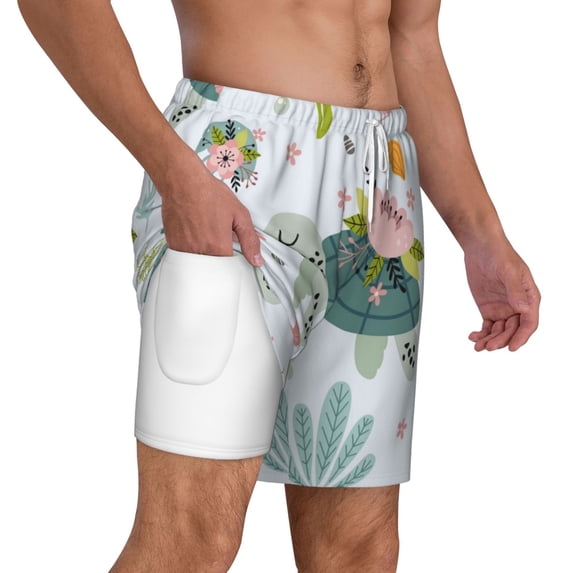 Uemuo Turtle and Sea Life Pattern Mens Swim Trunks Quick Dry Board Shorts with Mesh Lining, Stretch Beach Shorts Quick Dry No-Chafing Board Shorts-Medium