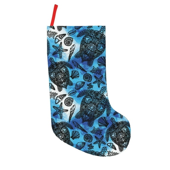 Uemuo Turtle，Shell Algae Starfish Coral Print Christmas Stockings, 18inch Xmas Hanging Stocking Decorations for Christmas Party Family Decor