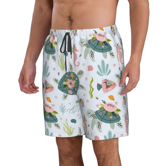 Uemuo Turtle and Sea Life Pattern Men's Swim Trunks Hawaiian Beach Bathing Suit Swimsuits Beach Quick-Dry Shorts with Pockets-Medium