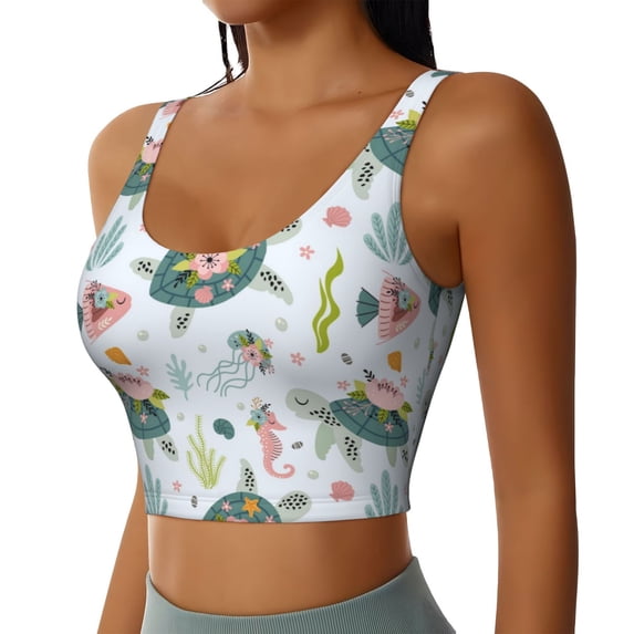 Uemuo Turtle and Sea Life Pattern Women's Sports Bra - High Impact Support, Breathable, and Comfortable Athletic Bra for Running, Yoga, and Workouts
