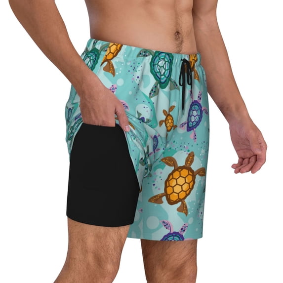 Uemuo Turtles And Sea Pattern Mens Swim Trunks Quick Dry Board Shorts with Mesh Lining, Stretch Beach Shorts Quick Dry No-Chafing Board Shorts-Large