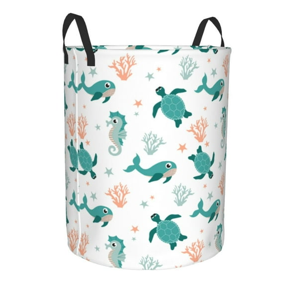 Uemuo Turtles And Seahorses Pattern Circular Laundry Hamper Basket with handles,Collapsible laundry basket,Large capacity laundry hamper,Laundry Organizer-