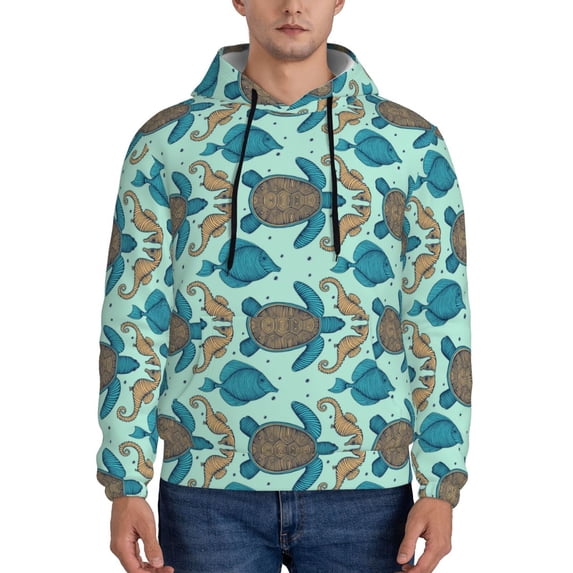 Uemuo Turtles And Seahorses Pattern Men's Hoodie - Casual Pullover Hoodie with Kangaroo Pocket, Stylish Hooded Sweatshirt for Everyday Wear-X-Large