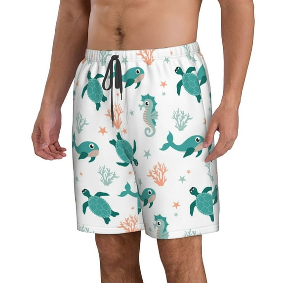 Uemuo Turtles And Seahorses Pattern Men's Swim Trunks Hawaiian Beach Bathing Suit Swimsuits Beach Quick-Dry Shorts with Pockets-Medium