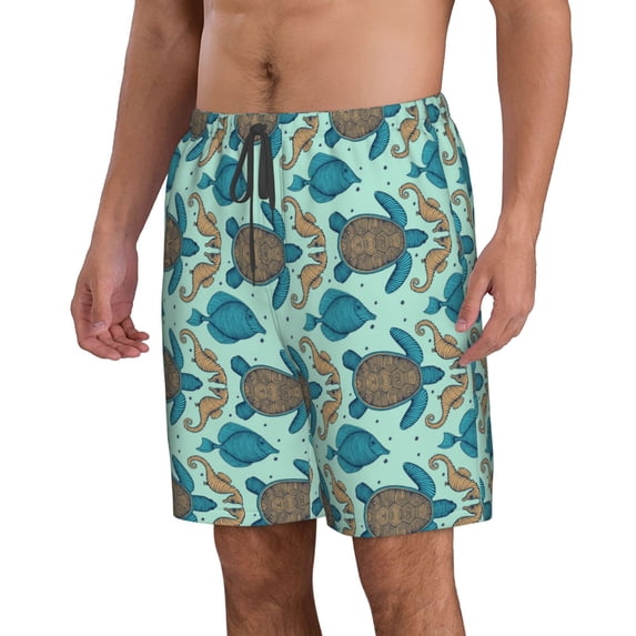Uemuo Turtles And Seahorses Pattern Men's Swim Trunks Hawaiian Beach Bathing Suit Swimsuits Beach Quick-Dry Shorts with Pockets-X-Large