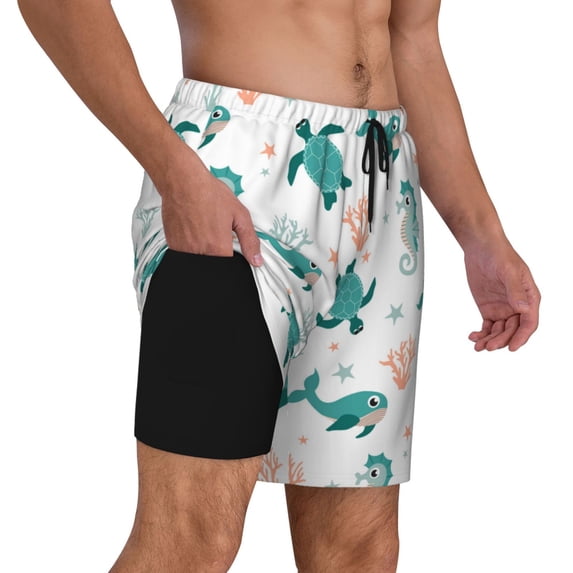 Uemuo Turtles And Seahorses Pattern Mens Swim Trunks Quick Dry Board Shorts with Mesh Lining, Stretch Beach Shorts Quick Dry No-Chafing Board Shorts-3X-Large