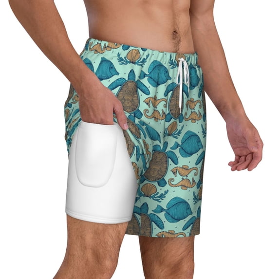 Uemuo Turtles And Seahorses Pattern Mens Swim Trunks Quick Dry Board Shorts with Mesh Lining, Stretch Beach Shorts Quick Dry No-Chafing Board Shorts-Small