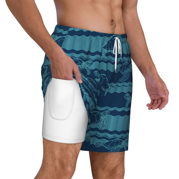 Uemuo Turtles and Waves Pattern Mens Swim Trunks Quick Dry Board Shorts with Mesh Lining, Stretch Beach Shorts Quick Dry No-Chafing Board Shorts-3X-Large