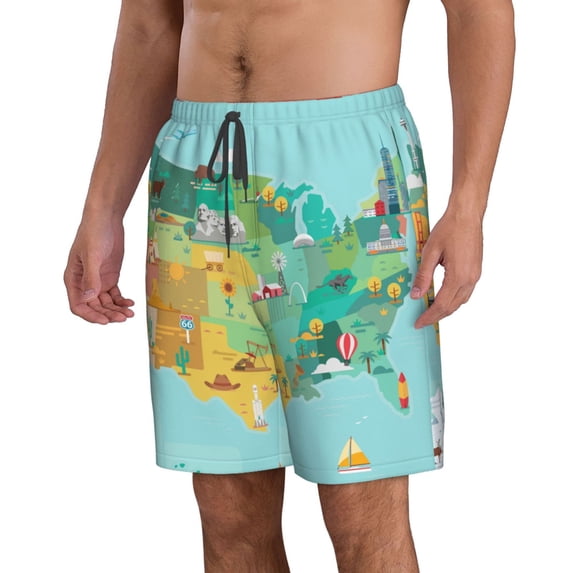 Uemuo USA Tourist Map Pattern Men's Swim Trunks Hawaiian Beach Bathing Suit Swimsuits Beach Quick-Dry Shorts with Pockets-Large