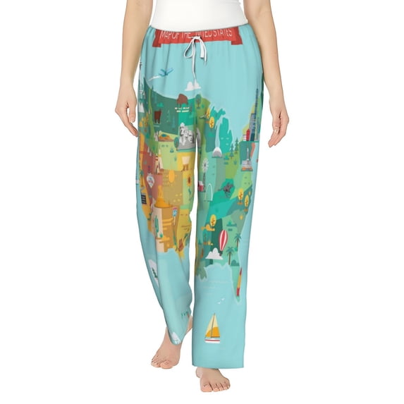 Uemuo USA Tourist Map Pattern Women's Wide Leg Palazzo Lounge Pants with Pockets Light Weight Loose Comfy Casual Pajama Pants-Large