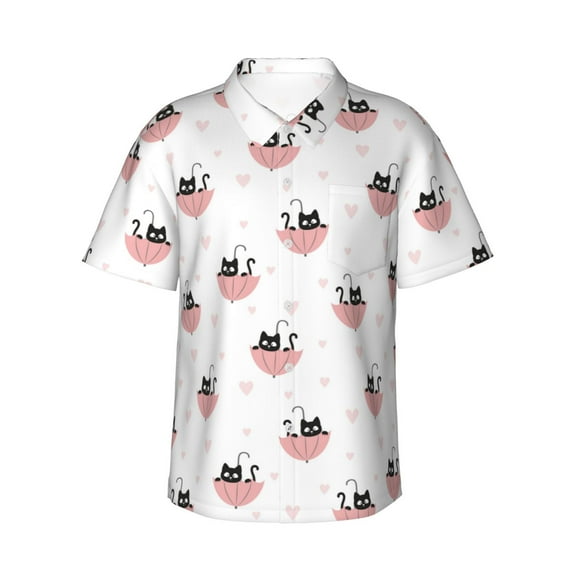 Uemuo Umbrella Cat Printed Regular Fit Short Sleeve Casual Hawaiian Shirt for Men,Aloha shirt,Tropical shirt,Floral print shirt,Vacation Beach shirt-XX-Large