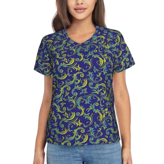 Uemuo Uncaria Flower Printed Women's Classic V-Neck T-Shirt - Soft, Breathable, Moisture-Wicking, Perfect for Casual, Office, Travel, and Everyday Wear-Small