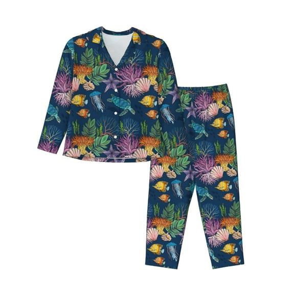 Uemuo Undersea Animals Pattern Womens Pajama Sets,PJ Set for Women,Pajamas for Women Logo,Long Sleeve Pajama Set for Women,Soft Long Sleeve Top With Pants-Large